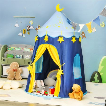 Speeltent voor Kinderen Kinderhuis met Draagtas en Ramen Kindertent Kasteel Speelgoedtent Speelhuis (Blauw)
