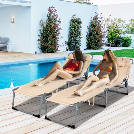 Zonneligstoel met Hoofdsteun Inklapbare Ligstoel Strandstoel met 5 Verstelbare Rugleuning (Beige)