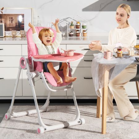 Opvouwbare Kinderstoel met 6 Verstelbare Hoogtes & Uitneembare Dubbele Bakjes Roze
