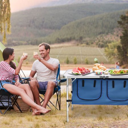 Campingtafel met grote opbergruimte reiskeuken klaptafel van aluminium tuintafel picknicktafel campingkast in hoogte verstelbaar van 53-70cm donkerblauw
