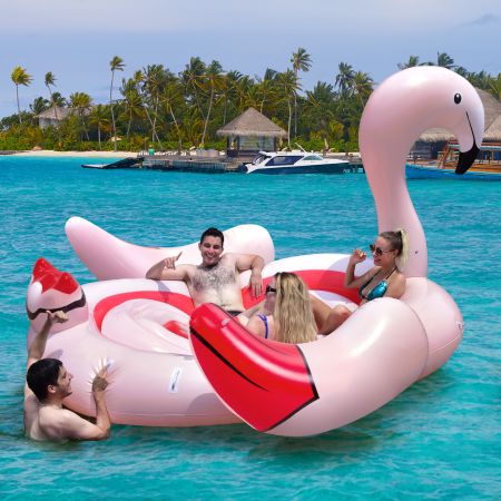 Costway Opblaasbaar Flamingo Zwemeiland Reuze Zwemeiland met Drijvende Ring Luchtpomp 308 x 320 x 175 cm Roze