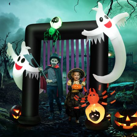 Costway 223 cm opblaasbare Halloween boog decoratie om op te blazen met 2 geesten en 2 spinnen