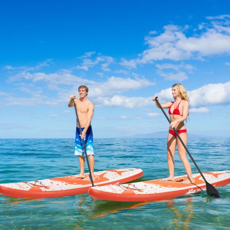 Costway Opblaasbare Paddle Board Stand-Up Surfboard 335 x 76 x 15 cm Haaienpatroon Oranje + Wit