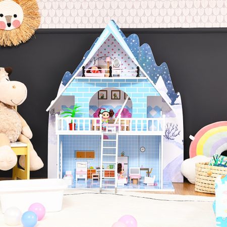 Poppenhuis Speelgoedhuis Houten Barbiehuis met 15 Meubels en 3 Schattige Poppen voor Kinderen Vanaf 3 Jaar