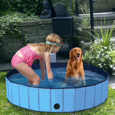 Opvouwbaar Hondenzwembad Binnen Buiten Lekvrij Huisdier Zwembad Met Roterende Aftapkraan 140*30cm Blauw