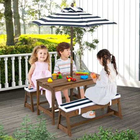 Kids Picknicktafel met Paraplu Houten Tafel en Bank Set met Kussens Indoor Outdoor Activity Tafel en Stoel Set voor Kleuters Blauw