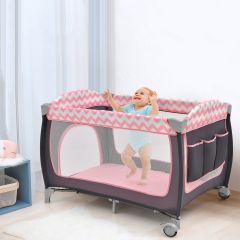 3-in-1 Babybedje Draagbaar Reisbedje met Speelgoedstang 125 x 65 x 76 cm Roze