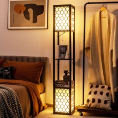 Costway vloerlamp plank Vrijstaande dubbele lamp met houten plank & witte lampenkap 26 x 26 x 156 cm
