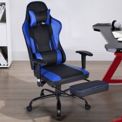 Costway Racing stijl Gaming stoel in hoogte verstelbaar draaistoel met intrekbare voetsteun zwart + blauw