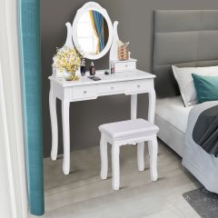 Kaptafel Set Make-up Tafel en Stoel Set met 360 Graden Draaibare Ovale Spiegel Vijf Opberglades