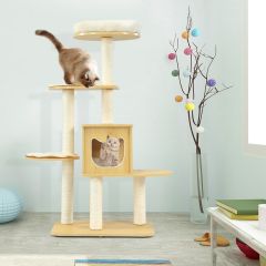 Costway 135cm kattenboom 4-laags houten kattenkrabber speelhuis met grot en 4 matten kattenmeubels