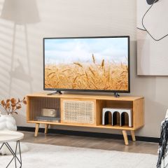 Moderne TV Standaard voor TV tot 55 Inch Bamboe Entertainment Centrum met Rotan Schuifdeuren en Gehard Glas Houtkleur