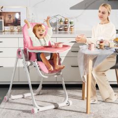 Opvouwbare Kinderstoel met 6 Verstelbare Hoogtes & Uitneembare Dubbele Bakjes Roze