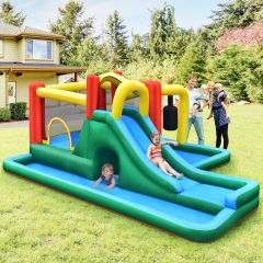 Costway Kinder springkussen met glijbaan Opblaasbare waterglijbaan Speelbad 470 x 370 x 190 cm Kleurrijk