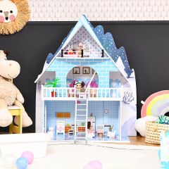Costway Poppenhuis Speelgoedhuis Houten Barbiehuis met 15 meubels en 3 schattige poppen voor kinderen vanaf 3 jaar