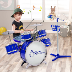 Costway Kinderen Drum Toetsenbord Set met Kruk & Microfoon Standaard Jazz Drum Set met Cymbal Percussie Instrument Speelgoed voor Meer dan 3 Jaar Oude Jongens & Meisjes