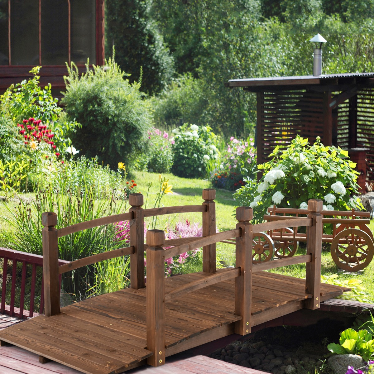Vijverbrug Tuinbrug Houten Brug met Leuning 171 x 76,5 x 58,5 cm Decoratieve Brug Houten Brug van Dennenhout Sierbrug voor Tuin Vijver