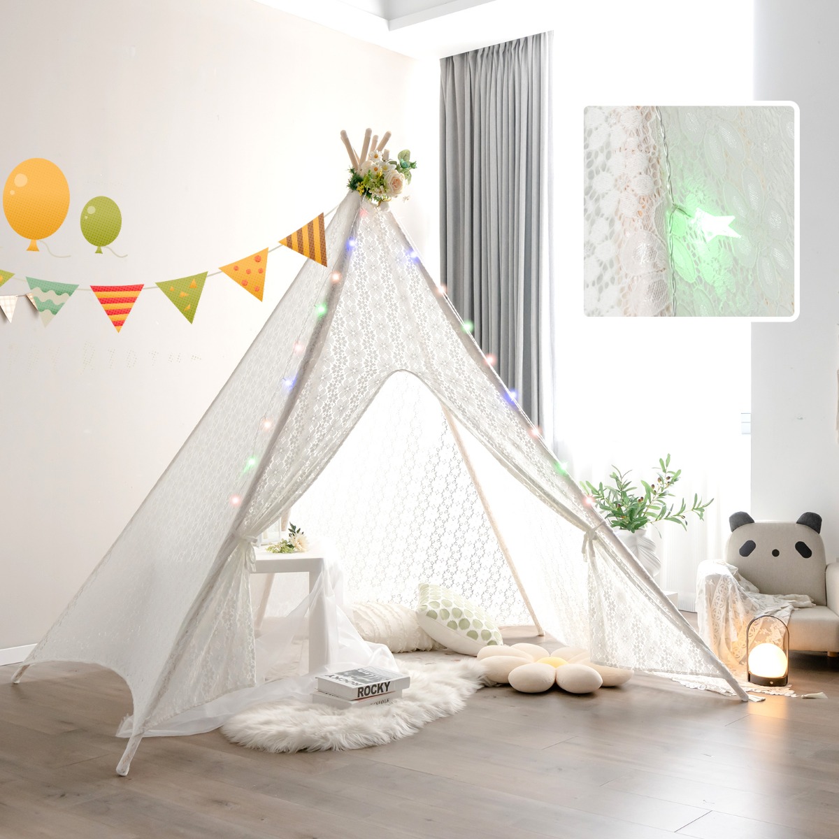 Tipi-Tent Speeltent Kanten Kindertent met Kleurrijke Lichtkettingen 120 x 120 x 140 cm Wit
