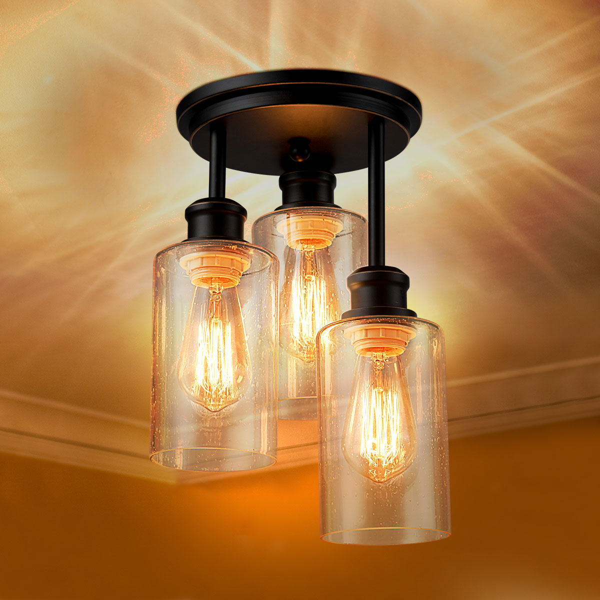 Plafondlamp 3 Vlammende Glazen Plafondlamp Moderne Lamp Vintage met Halfopen Glazen Kappen voor Keuk
