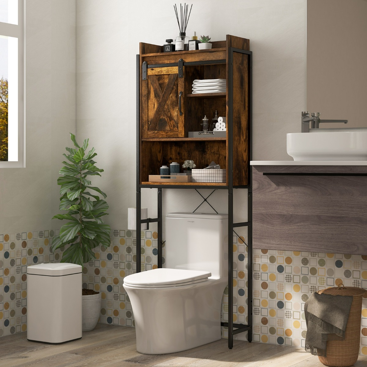 Toiletkast Vrijstaand Badkamerrek met Verstelbare Planken Wasmachinerek Toiletrek WC-Kast Bovenkast (Koffie)