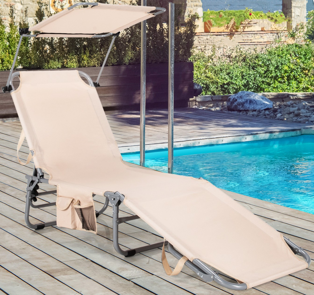 Zonneligstoel met Dak en Zijvak Inklapbare Ligstoel met 5 Verstelbare Rugleuning Strandstoel Tuinlig
