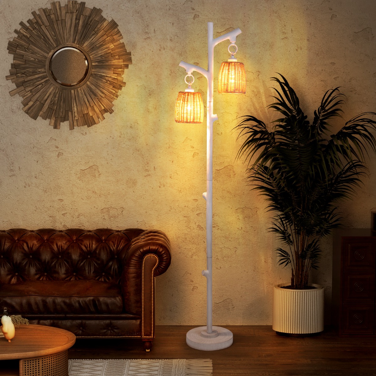 165cm Vloerlamp Dimbaar Vloerlamp met 2 Rieten Lampenkappen Vloerlamp Wit voor Woonkamer Slaapkamer 