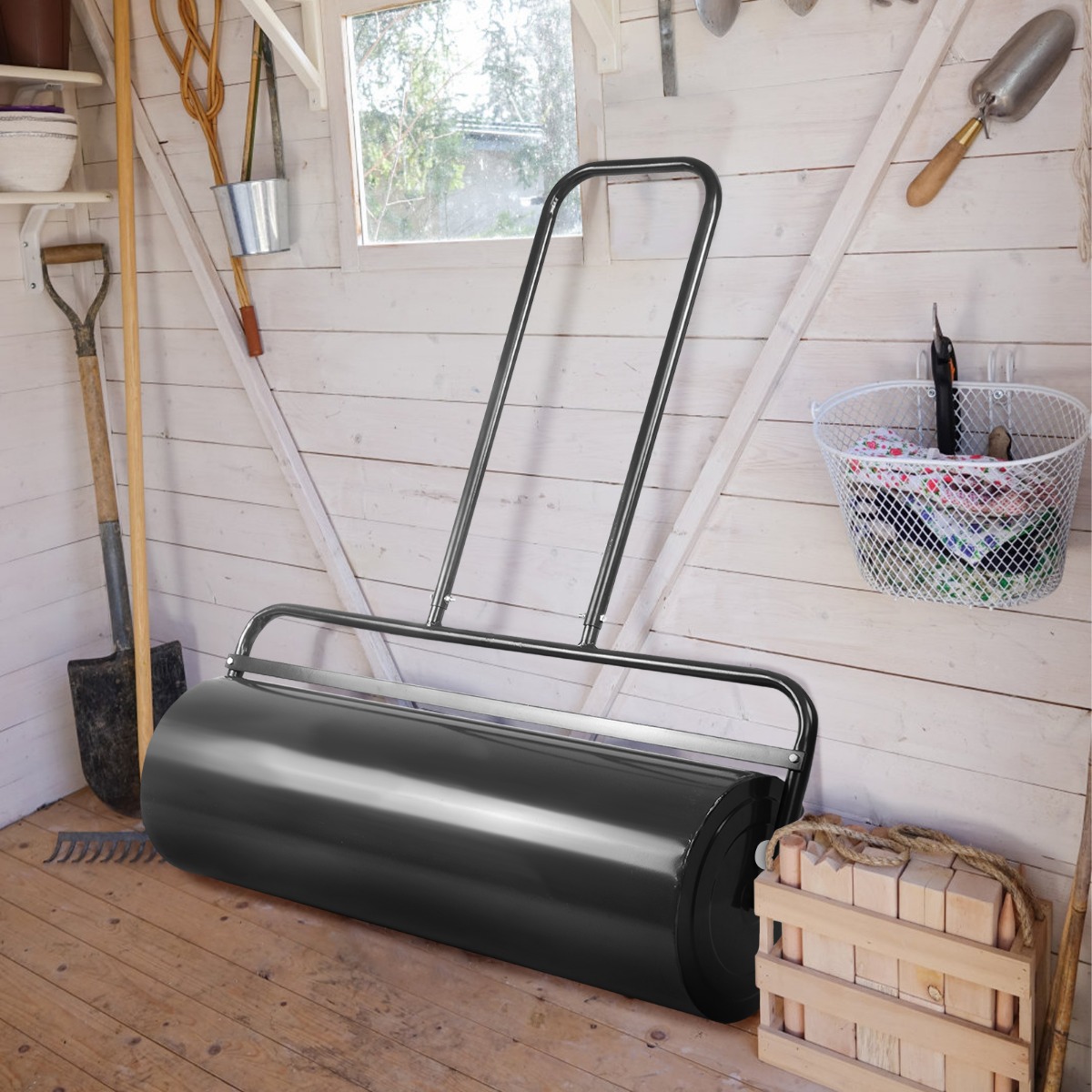 Graswals Handwals Tuinrol Zware Trommel Gazonroller Ideaal voor Vlakken Gazon (48 L / 114 x 60 x 32 cm Zwart)