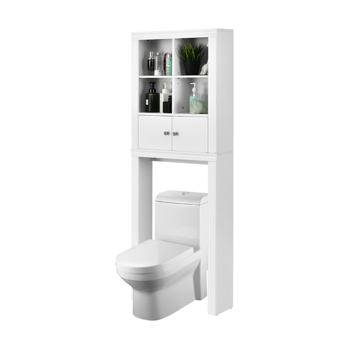 Ruimtebesparende Toiletkast met 4 Open Vakken & 2-Deurskast & Verstelbare Planken