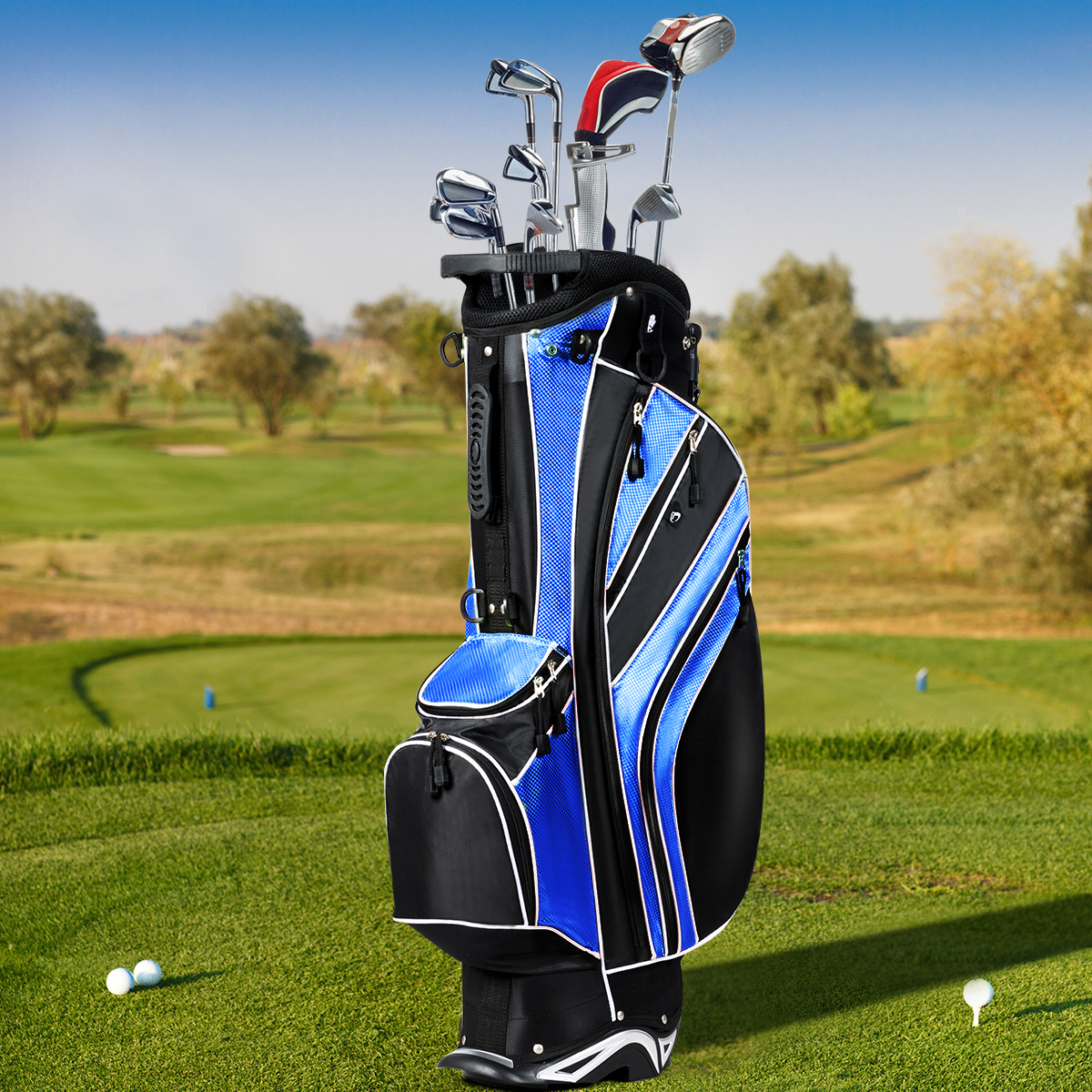 Golfkar Tas met Standaard en Parapluhouder 87 x 82 x 87 cm Zwart+Blauw