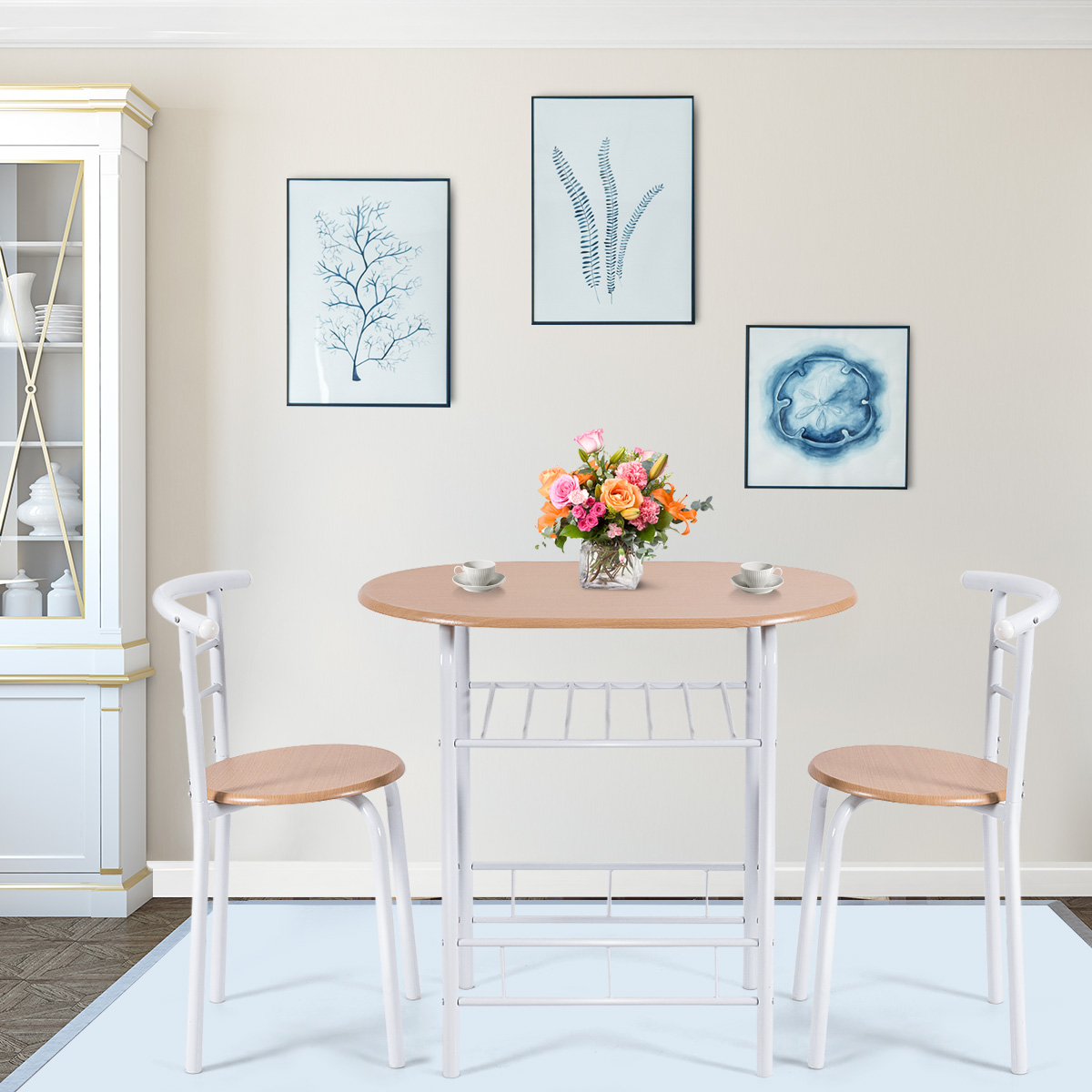 3-Delig Dinerset Ovale Tafel en Midden-rug Stoelen met Ingebouwd Rek Minimalisme Design Keuken Eetho