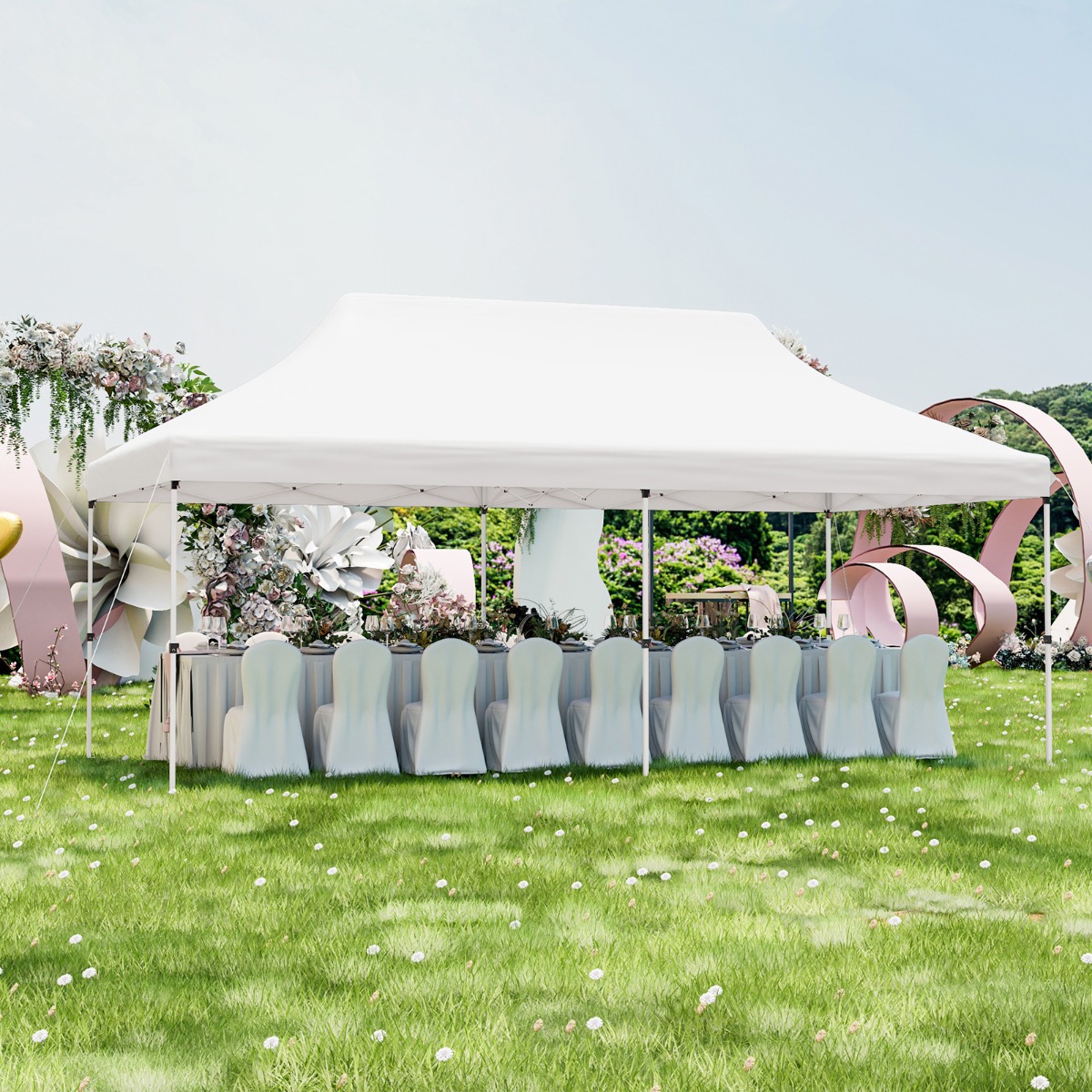 Uitschuifbare Tent 300 x 600 cm Waterdichte Opvouwbare Partytent met Draagtas Zonwering Stevig Buitenprieel voor Strand Bruiloft Wit