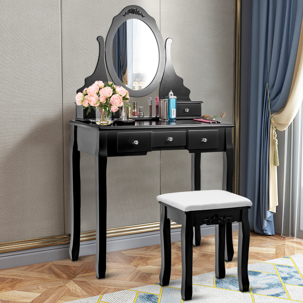 Kaptafel Set Make-up Tafel en Stoel Set met 360 Graden Draaibare Ovale Spiegel Vijf Opberglades Zwar