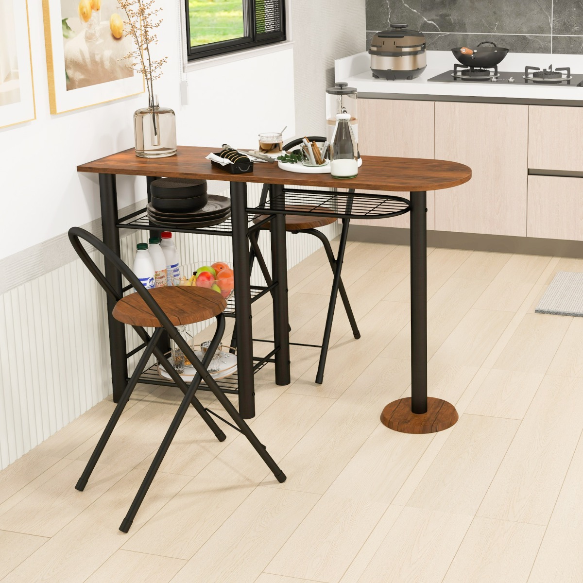 Eettafel en 2 Opvouwbare Stoelen met Opbergplank op 4 Niveaus Ontbijttafelmeubelset Ruimtebesparende Dinette voor Keukenbar Bruin