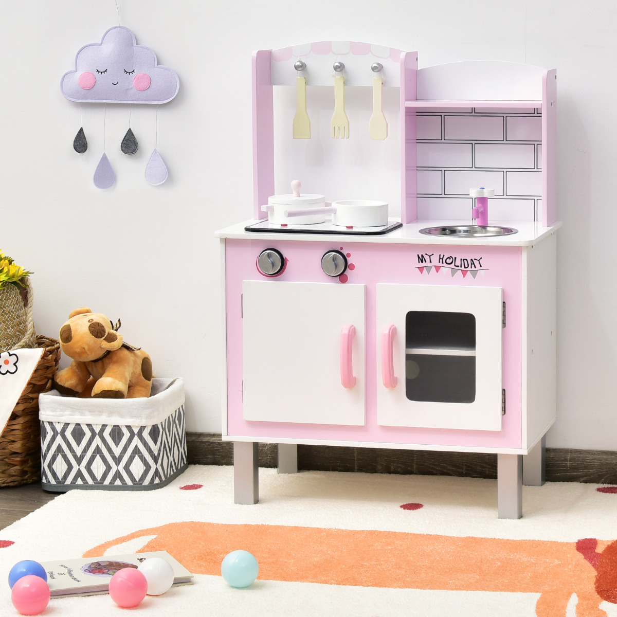 Kids Kitchen Playset Kids Kitchen Toy Kitchen voor Peuters 55 x 30 x 80cm Roze + Wit