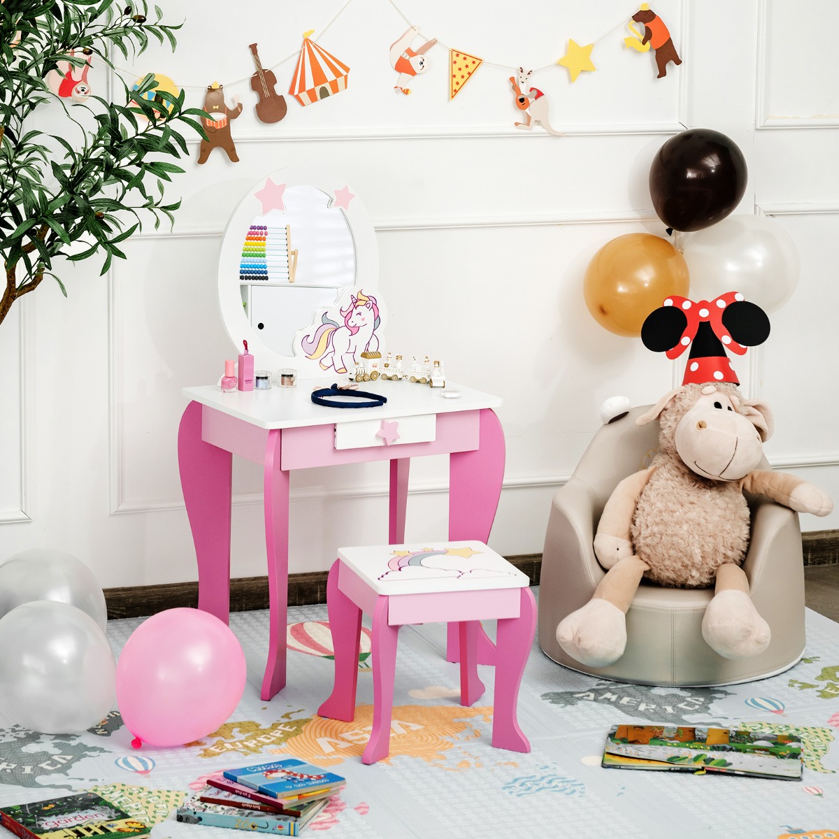 Houten Kinderkaptafel met Krukje & Uitneembare Spiegel & Lade Roze