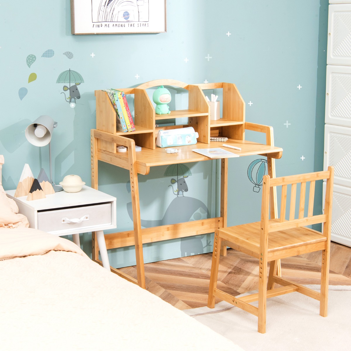 Bamboe Kinderbureau en -stoel In Hoogte Verstelbaar Schoolbureau en -stoel Natuurlijk