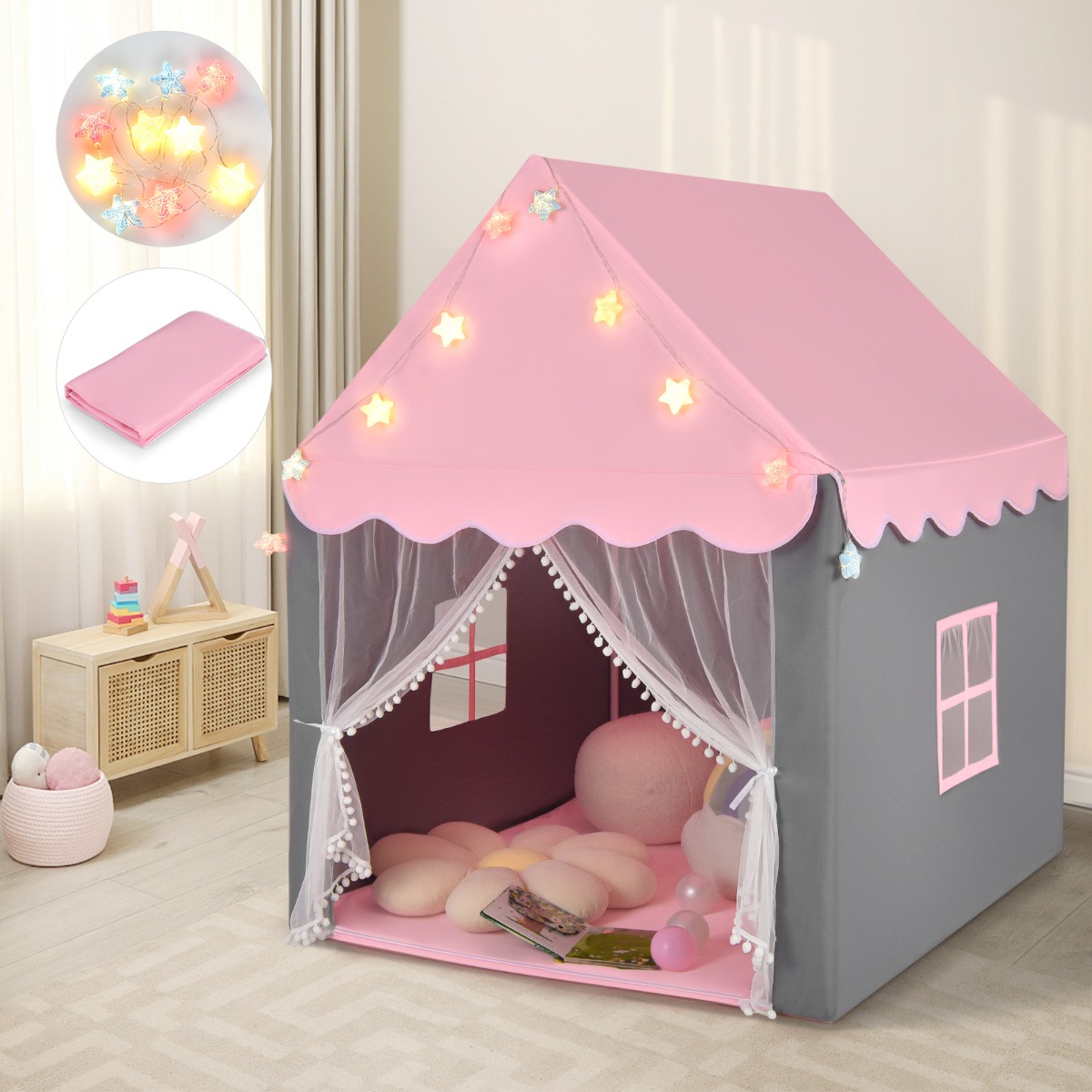 Kinderspeeltent Kinderspeelhuis met Star Lights 105 x 121 x 136 cm Roze + Grijs