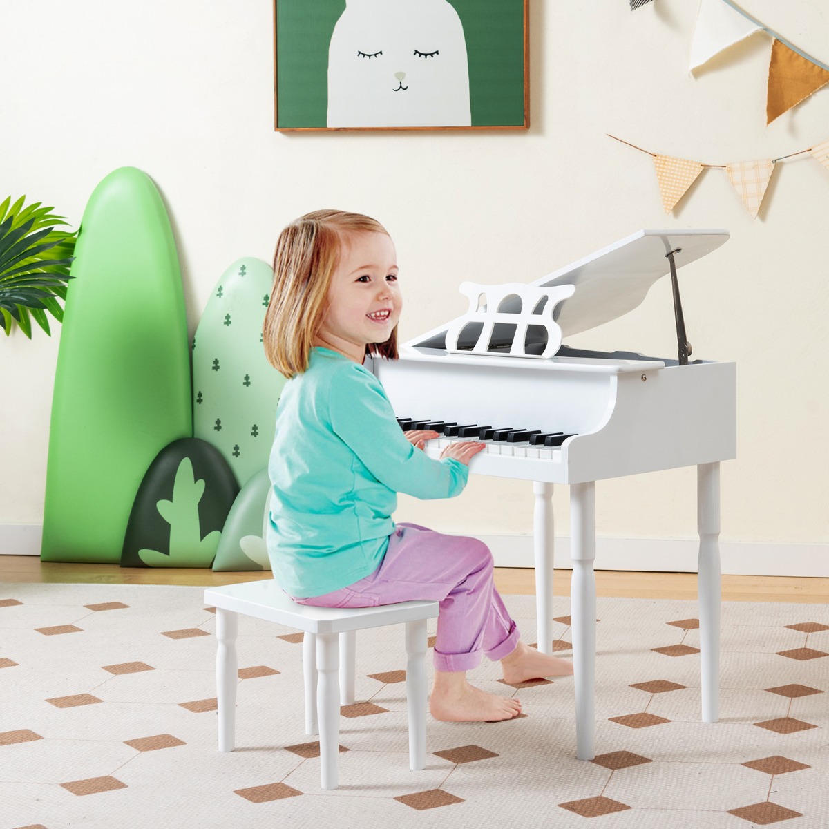 Kinderpiano met 30 Toetsen Klassiek met Muziekstandaard en Zitbank Speelgoedpiano Mini-Muziekspeelgo