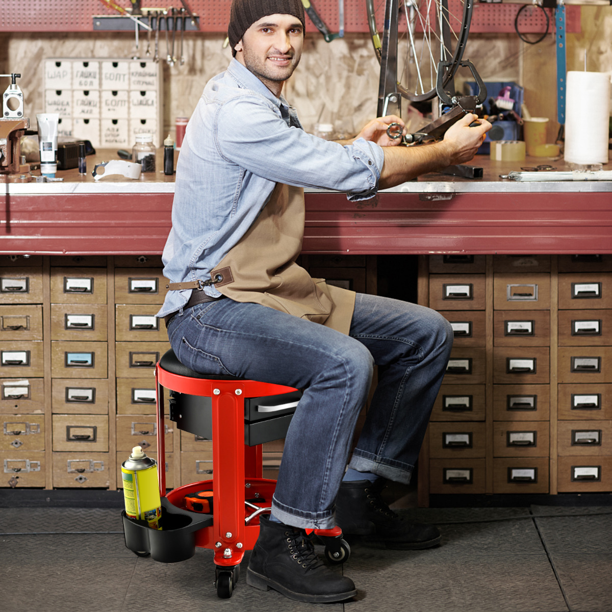 Werkplaatsstoel Roterende Mechanische Kruk met Afneembare Zitting en 4 Zwenkwielen Roterende Mechani