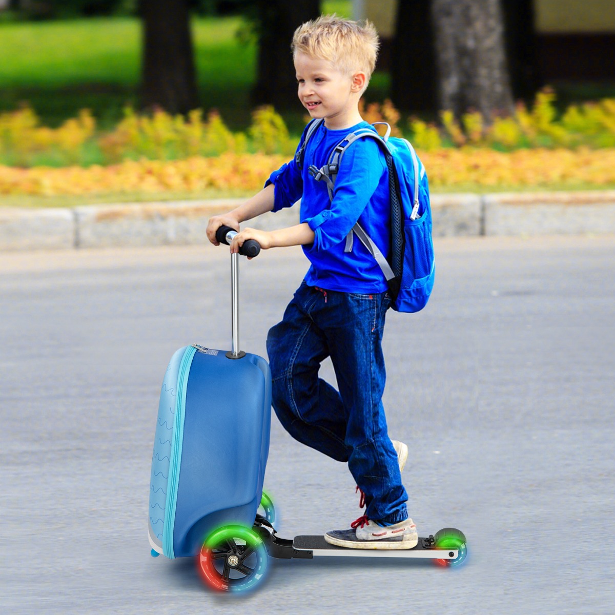 Opvouwbare Scooter Kinderkoffer 2-In-1 Skateboard Bagage met 3 Kleuren Verlichte Wielen Draagtas met