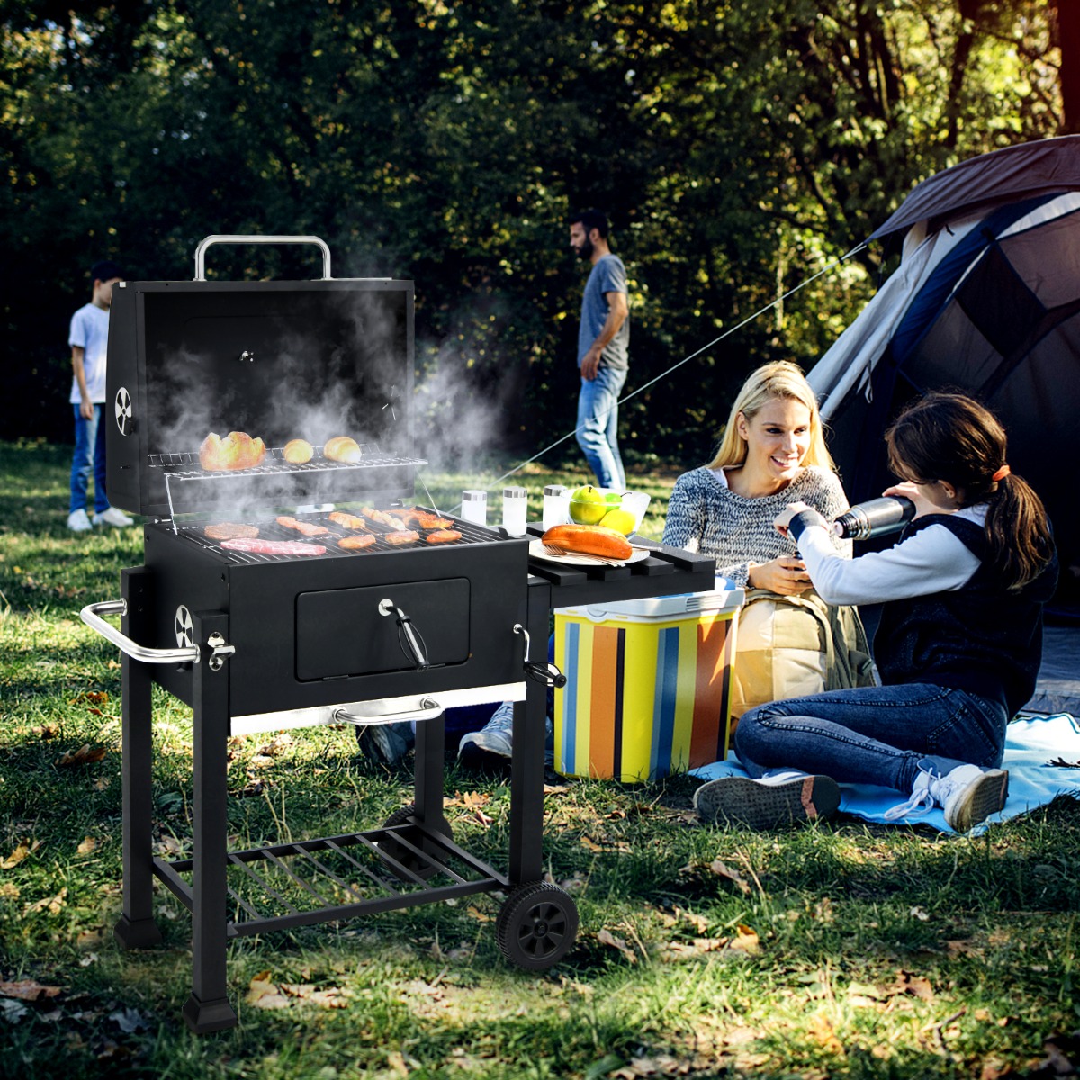Draagbare Houtskoolgrill Patiogrill met Wielen Charcoal Grill Charcoal Grill Trolley Zwart