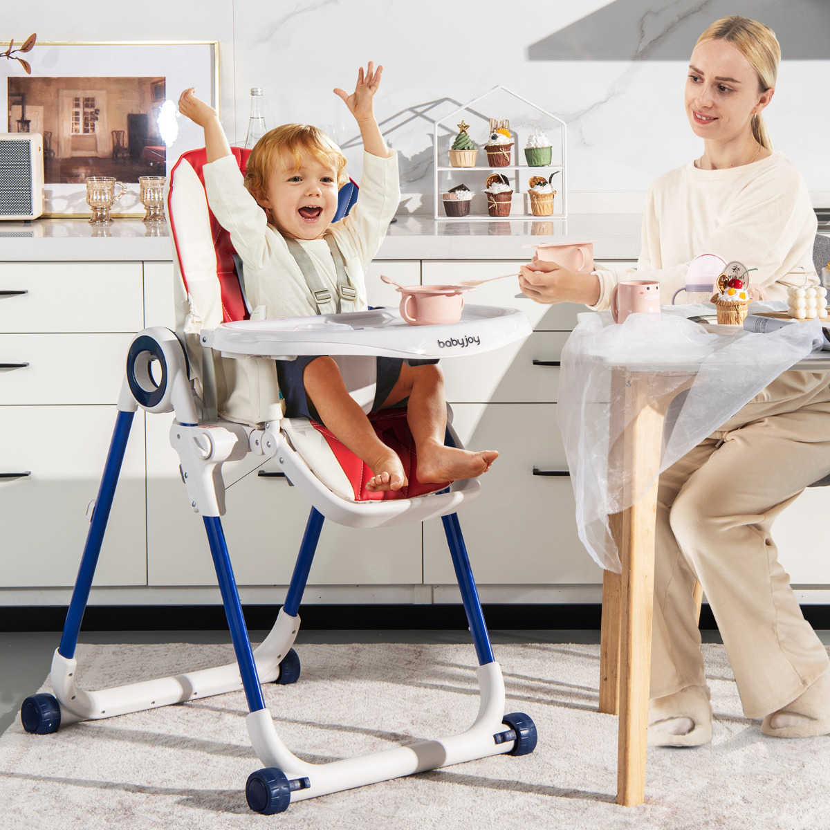 Opvouwbare Kinderstoel met 6 Verstelbare Hoogtes & Uitneembare Dubbele Bakjes Kleurrijk