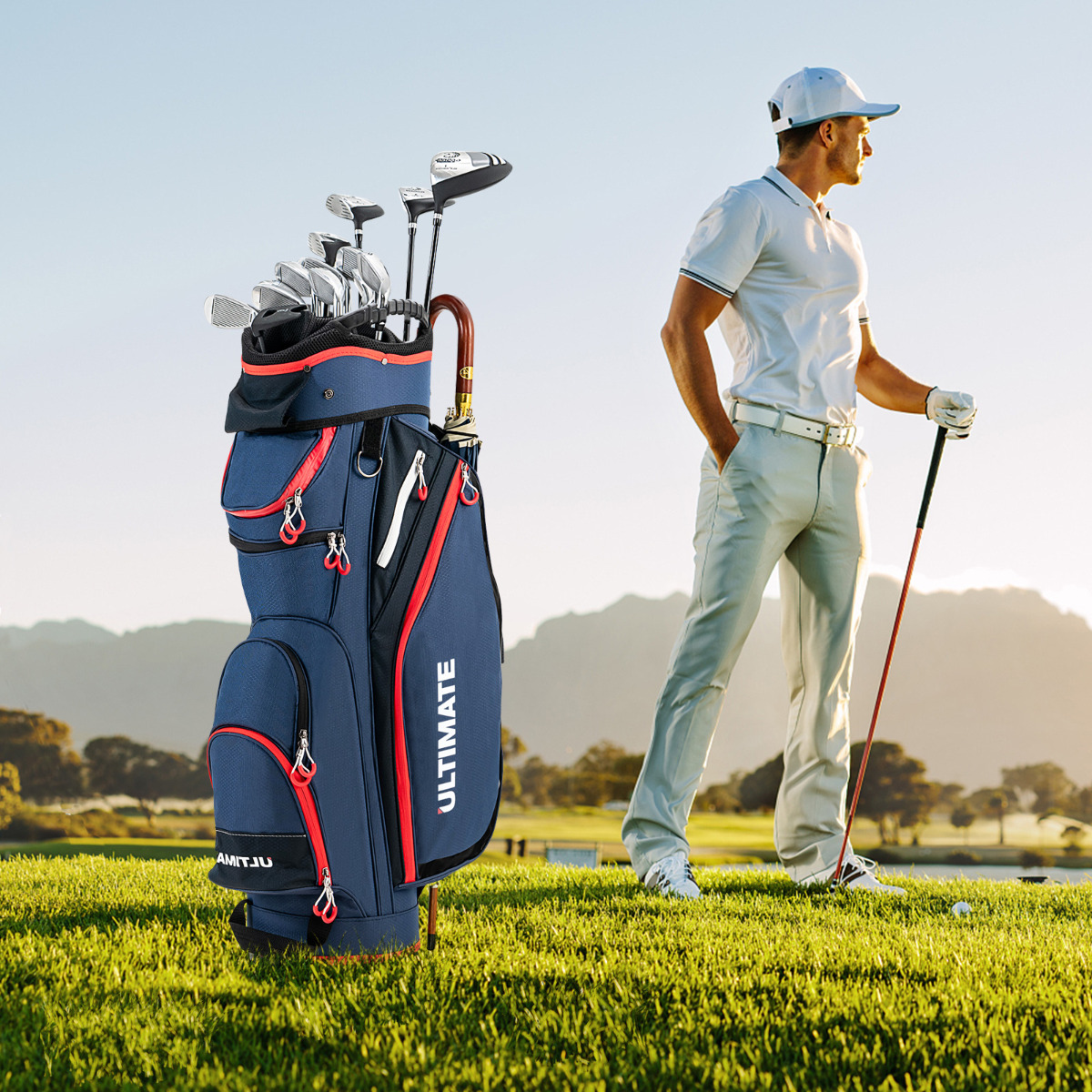 Golf Club Bag met 14 Aparte Compartimenten 8 Zakken Regenkap Shoulder Nylon Cooler Bag Navy
