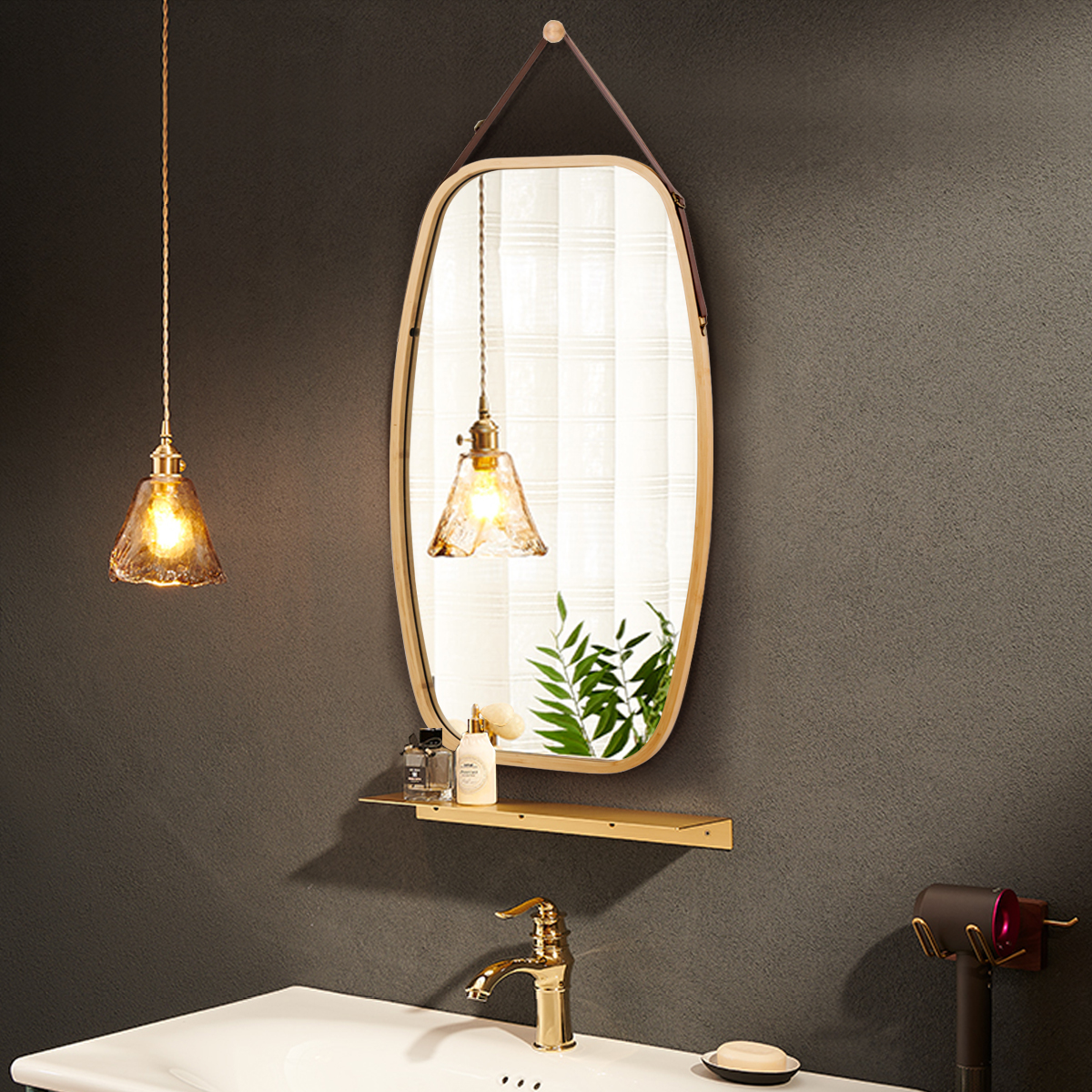 Sieraden Spiegel met Bamboe Frame en Verstelbare Leren Riem 77 x 44 x 1,5 cm