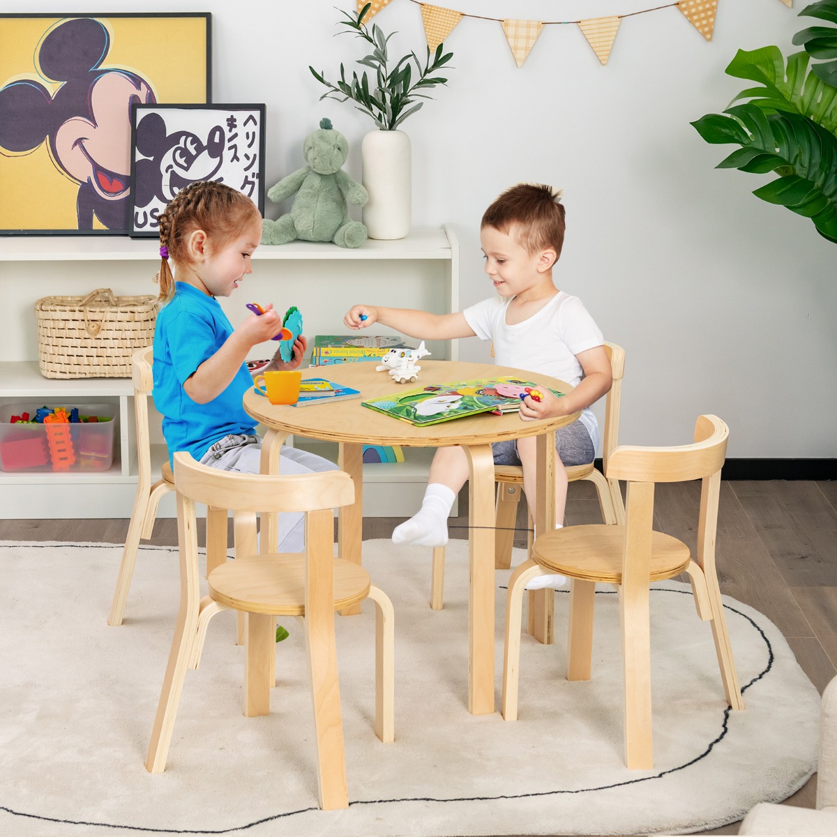 Kindertafel Houten Tafel met 4 Stoelen Kindertafel en Stoelset met Rugleuning Natuurlijk