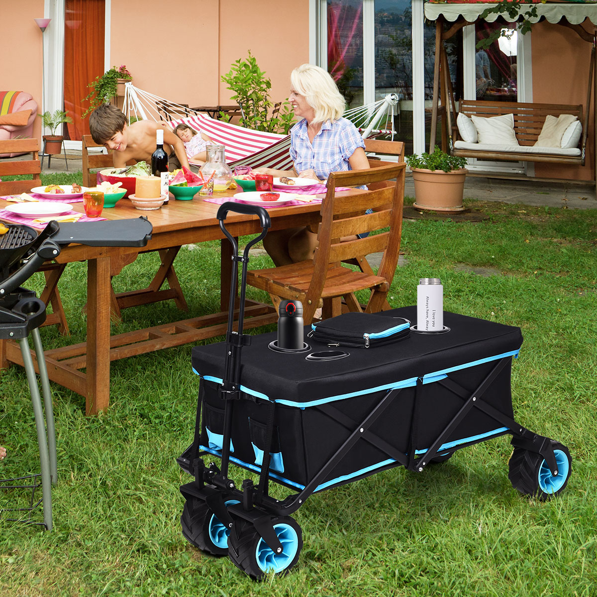 Opvouwbare Push Cart Winkelwagen op Wielen Hand Trolley 118 x 55 x 74 - 97 cm Zwart + Blauw