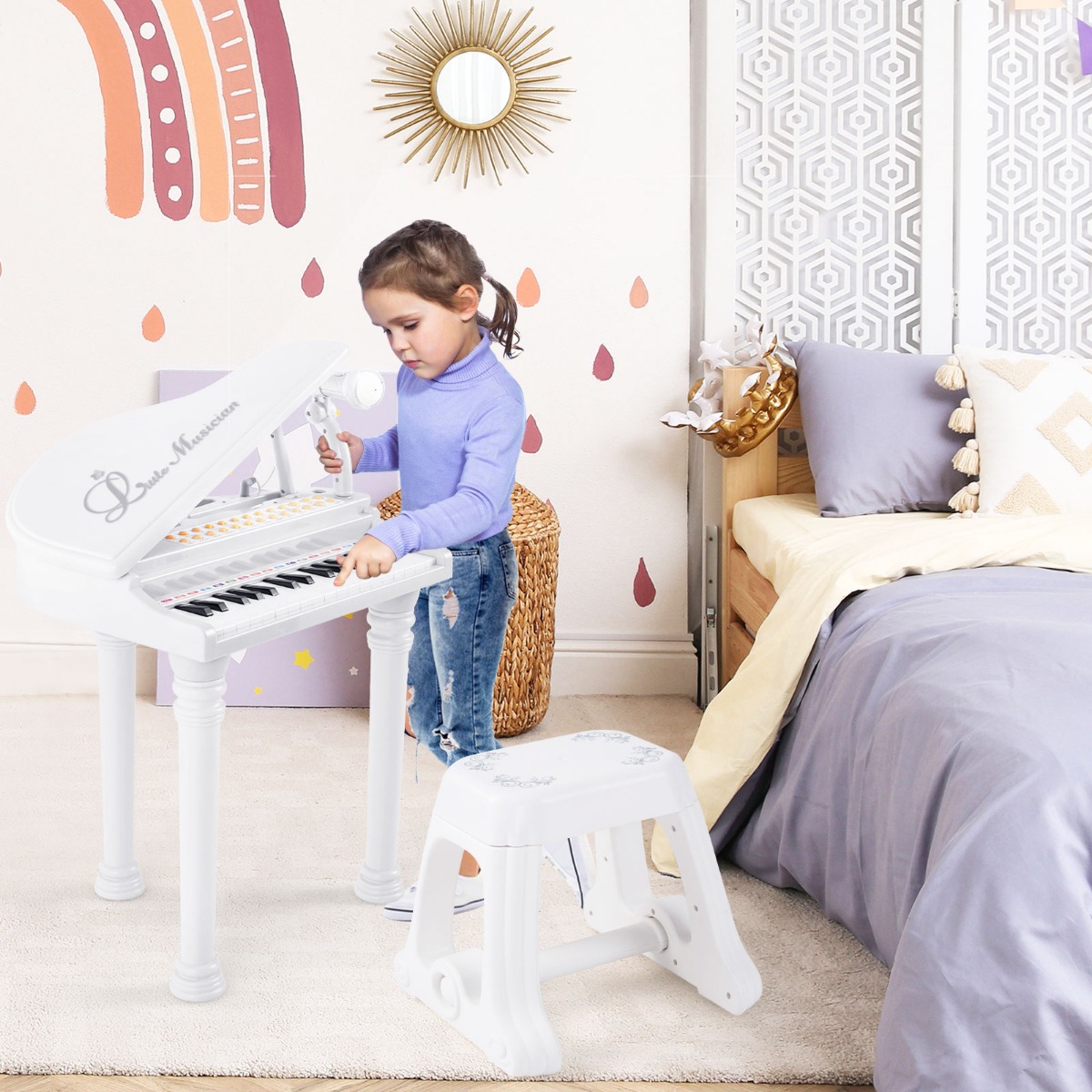 Toetsenbord voor Kinderen 31 Toetsen met Kruk Elektronisch Pianotoetsenbord met Microfoon LED-Leer-M