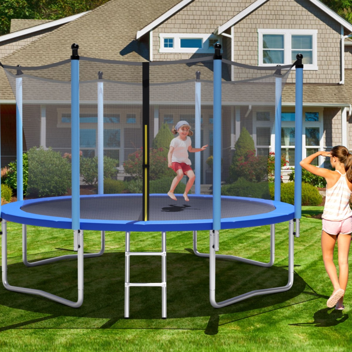 ? 427 cm Trampoline Trampoline Complete Set met Ladder Outdoor Zwart + Blauw