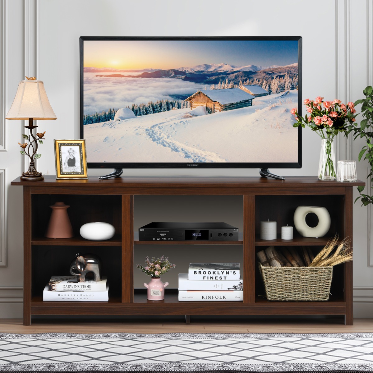 2-laags tv-standaard 147 cm entertainment media console center voor tv tot 165 cm koffie bruin/grijs