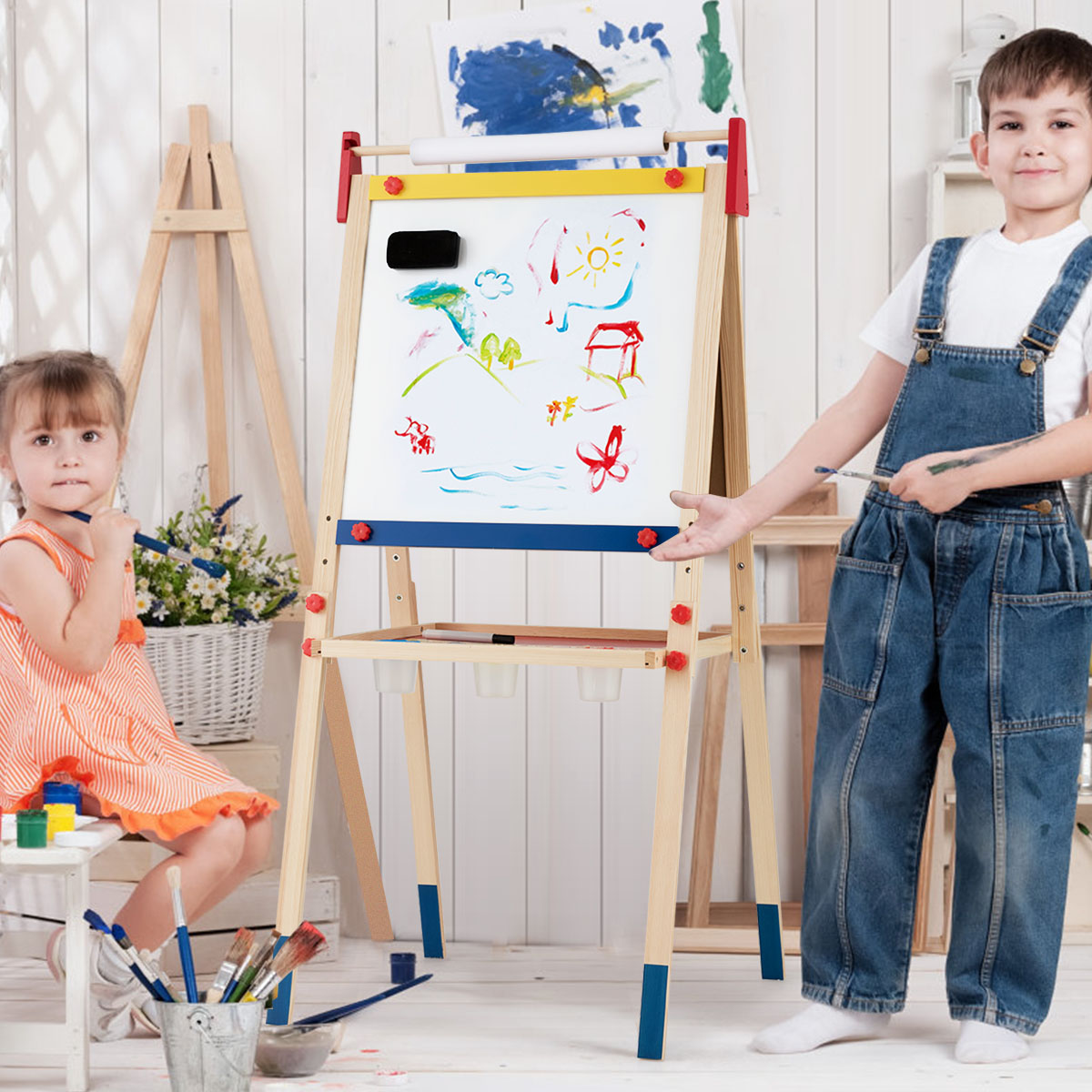 3-in-1 tekenbord voor kinderen dubbelzijdig stabord met naturel whiteboard